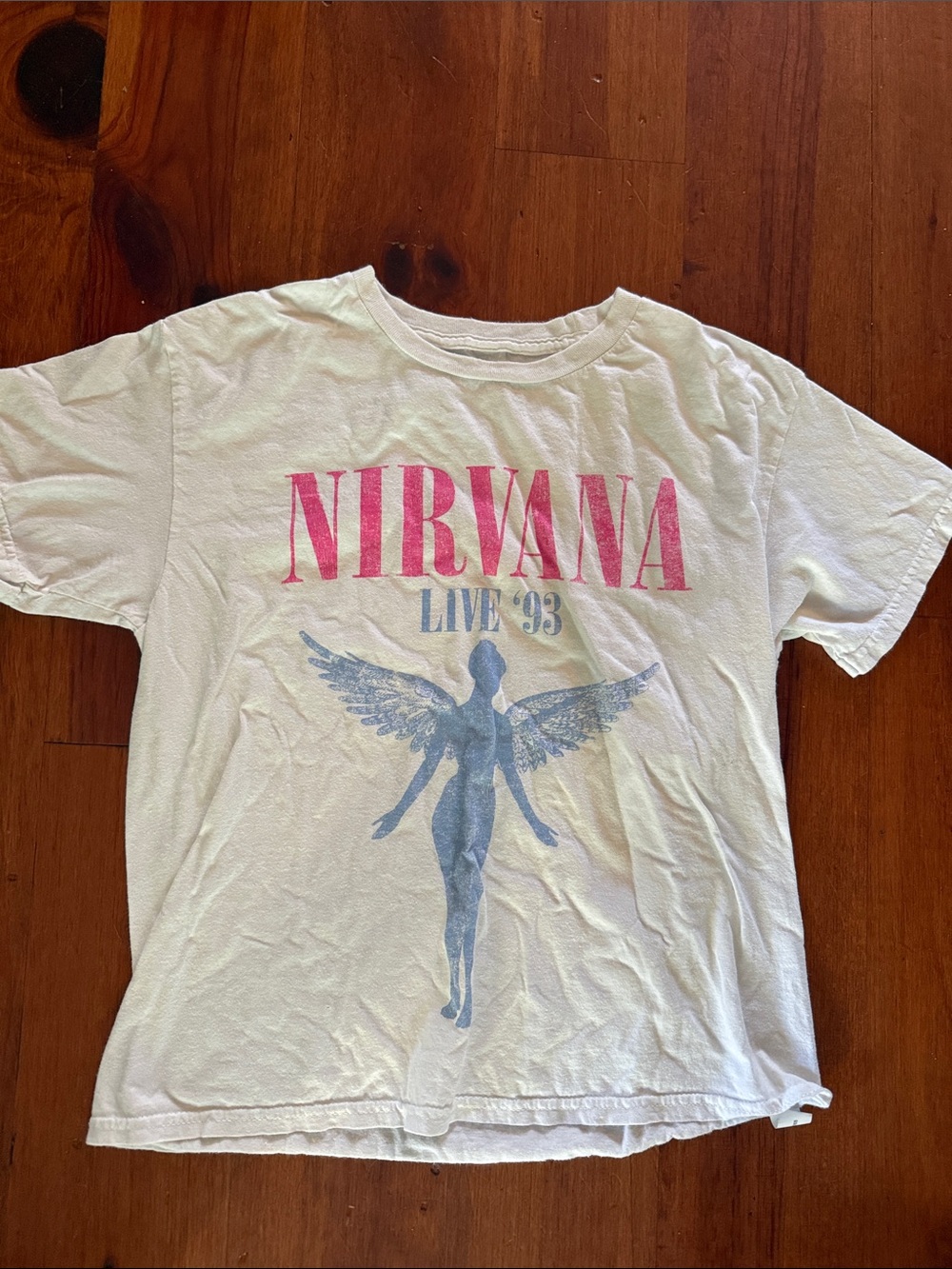 NIRVANA White Tee with Pink Logo & Blue Angel Graphic